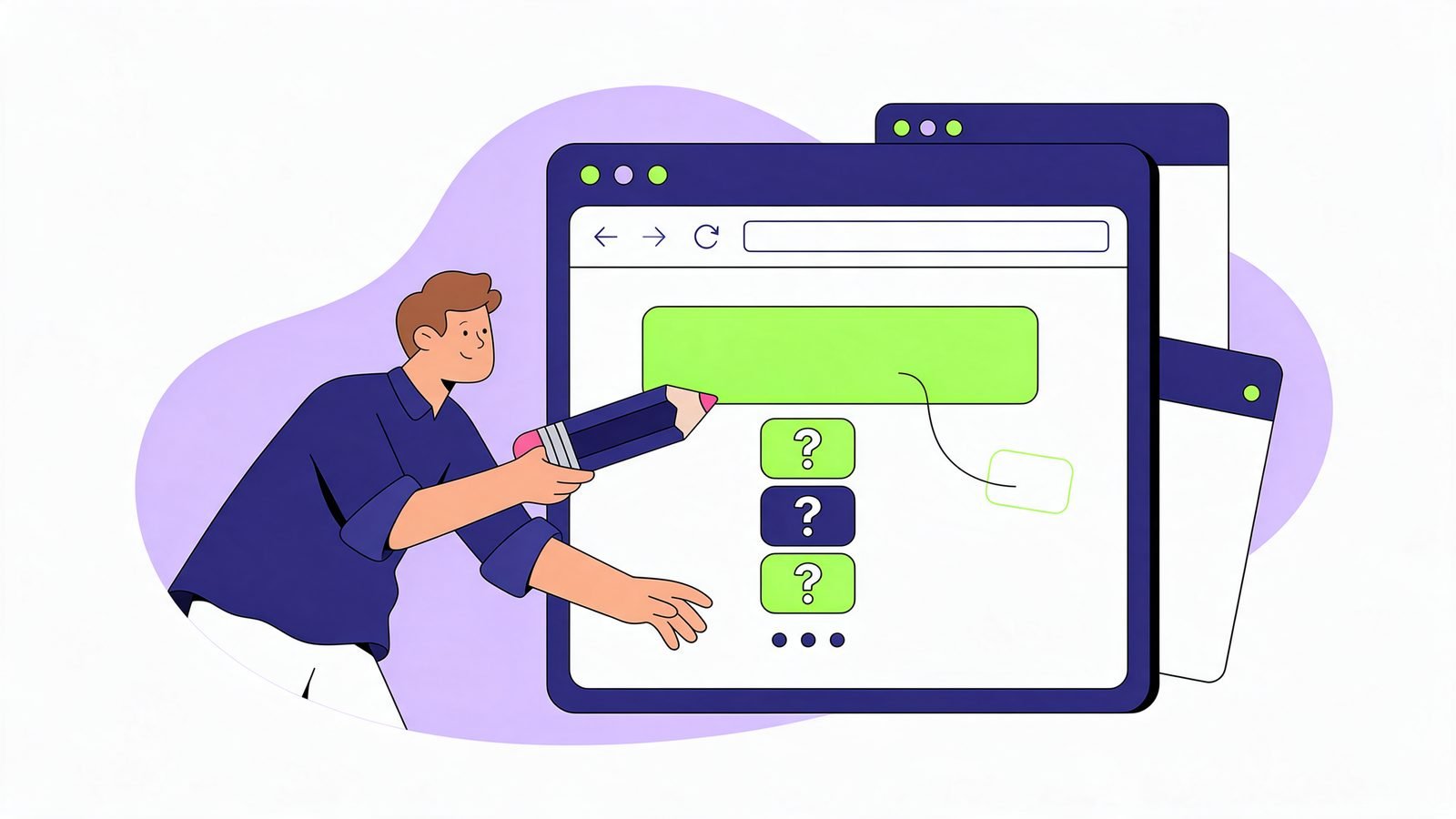 Illustration of a man with a pencil moving a lime answer block to the top of a web page, above question-mark headings